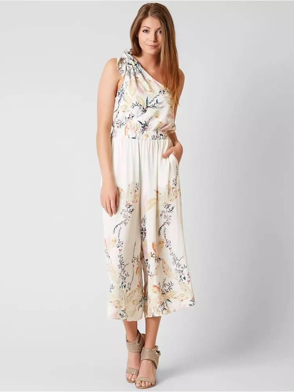 Free People | Cream Floral One-Shoulder Island Time Jumpsuit in XS